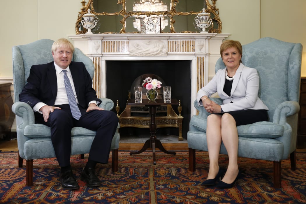 Prime Minister Boris Johnson and Scotland's First Minister Nicola Sturgeon at Bute House in Edinburgh during his visit to Scotland, July 29.