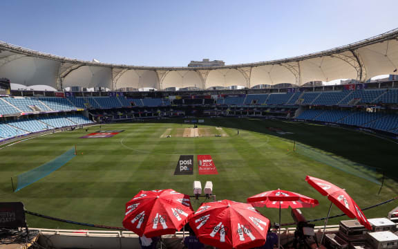 Ground staff make final preparations to the pitch before the start of the ICC Men's T20 World Cup final cricket match between Australia and New Zealand at Dubai International Cricket Stadium in Dubai, United Arab Emirates, 2021.