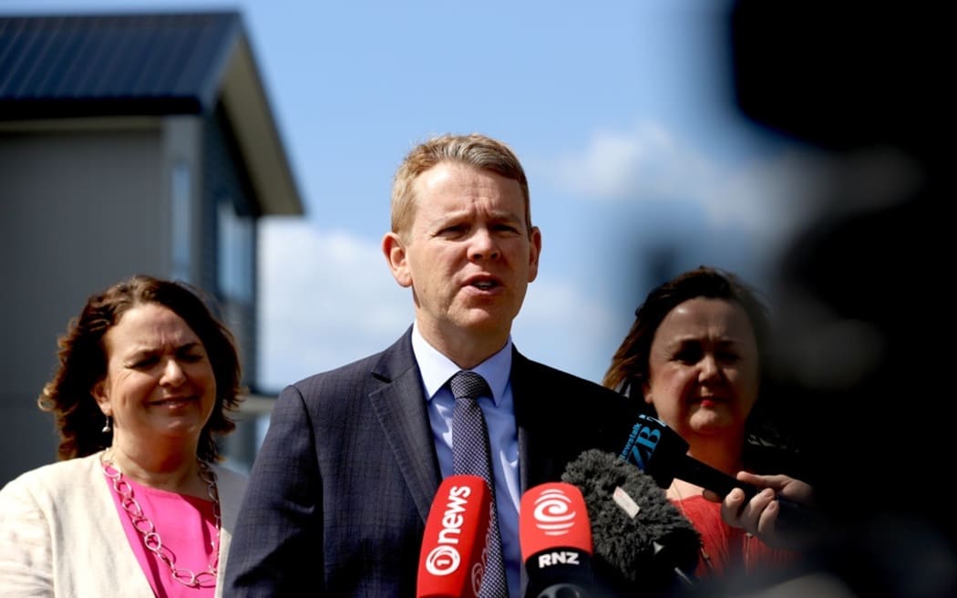 Labour leader Chris Hipkins speaks to media after announcing the party's solar panels and battery rebate policy.