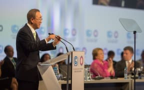 UN Secretary General Ban Ki-moon addresses participants in Lima on 10 December 2014.