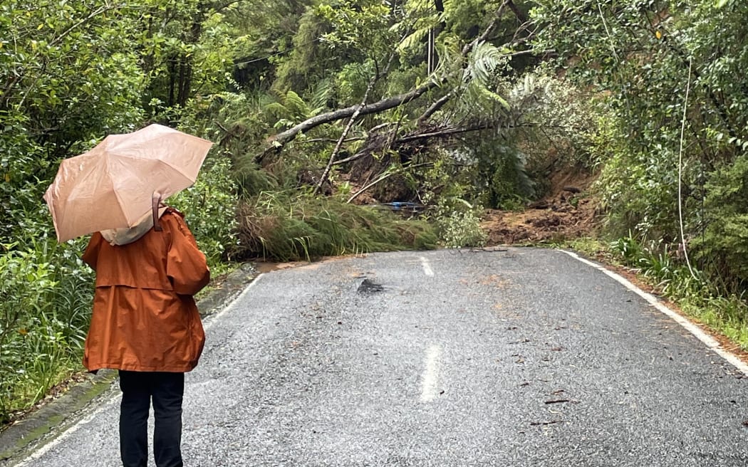 Konini Road in Titirangi was completely blocked by a slip on Friday night which crews are still clearing.