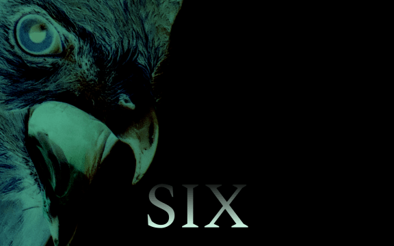 A hawk rendered in ghostly sickly green stares with it's pointed beak open, the word "Six" is imposed over the image.