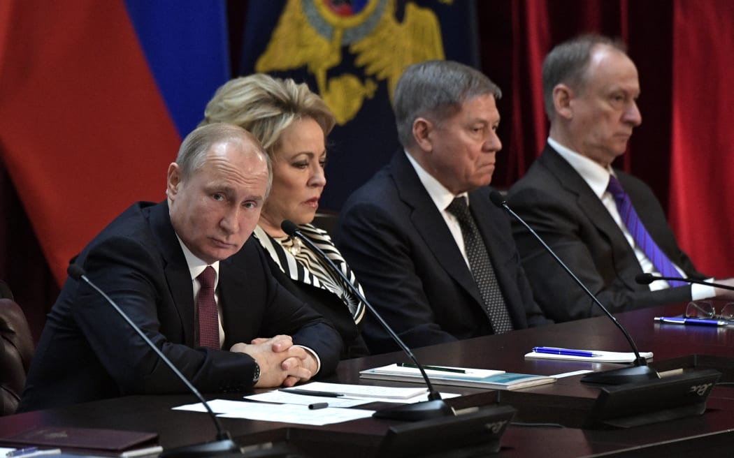 From left: Russian President Vladimir Putin, Chairperson of the Federation Council Valentina Matvienko, Chairman of the Supreme Court of the Russian Federation Vyacheslav Lebedev and Russia's Security Council Secretary Nikolai Patrushev at the annual expanded meeting of the Russian Interior Ministry Board on 28 February, 2019.