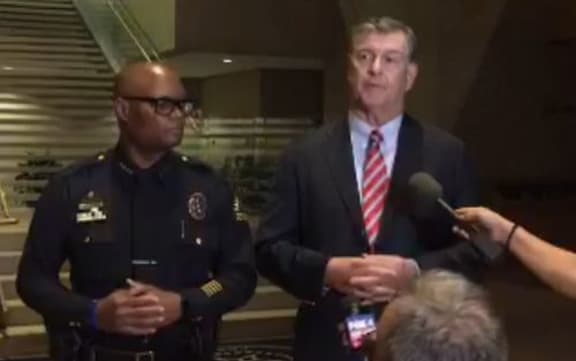 Dallas Police Chief David Brown and Dallas Mayor Mike Rawlings at police stand-up on 8 July 2016.