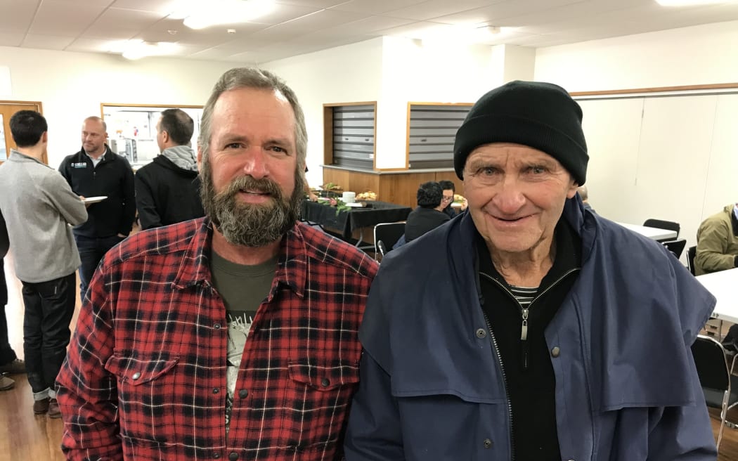 Sweetwater wai will soon be flowing through pipes across these two farmers' properties to reach the Kaitāia water treatment plant. Bruce Brereton (left) and Dennis Piper at the official opening for the new Kaitāia water resilience project.