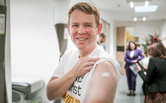 Chris Hipkins gets his first jab of the Pfizer-BioNTech Covid-19 vaccine.