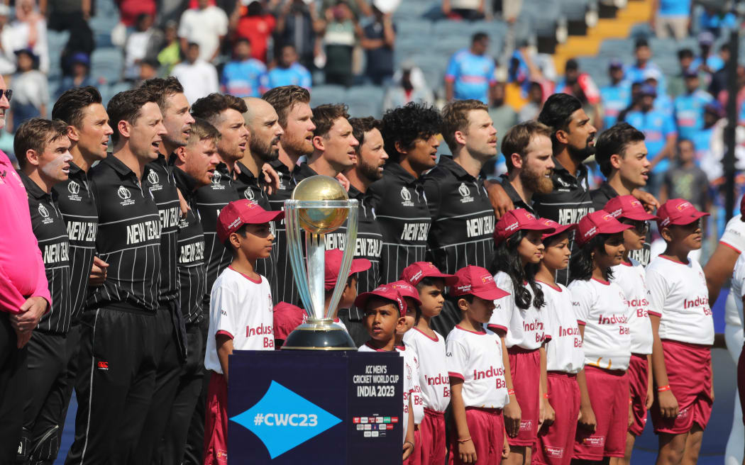 New Zealand stand for the National anthem during the ICC Men's Cricket World Cup 2023 match between South Africa and New Zealand