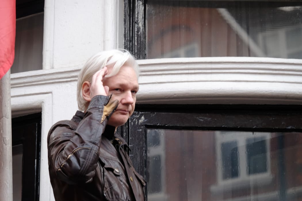 Julian Assange speaks to the media from the balcony of the Embassy Of Ecuador on May 19, 2017 in London.