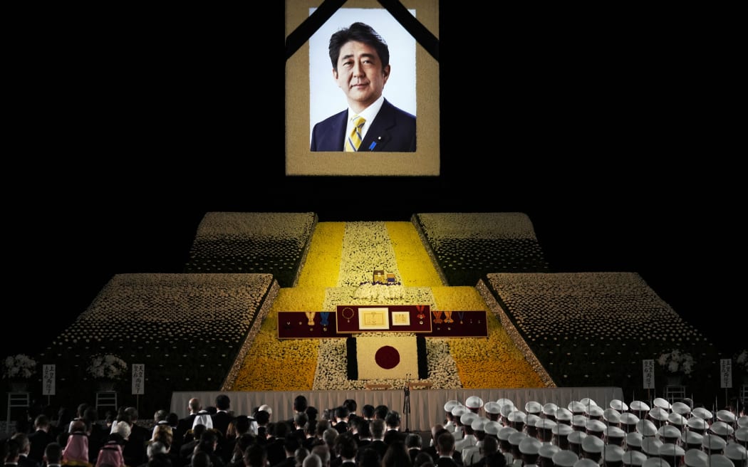 A general view shows the state funeral for Japan's former prime minister Shinzo Abe in the Nippon Budokan in Tokyo on September 27, 2022.