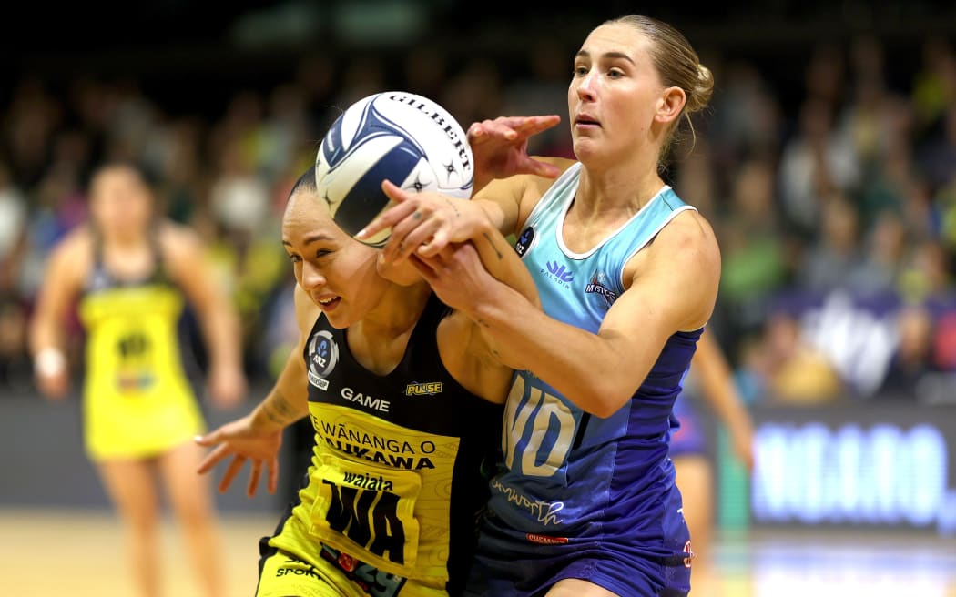Pulse's Whitney Souness (L) with Mystic's Michaela Sokolich-Beatson during the ANZ Premiership Wellington Pulse vs Mystics netball match at the TSB Arena in Wellington. 14 May 2023. © Copyright image by Marty Melville / www.photosport.nz