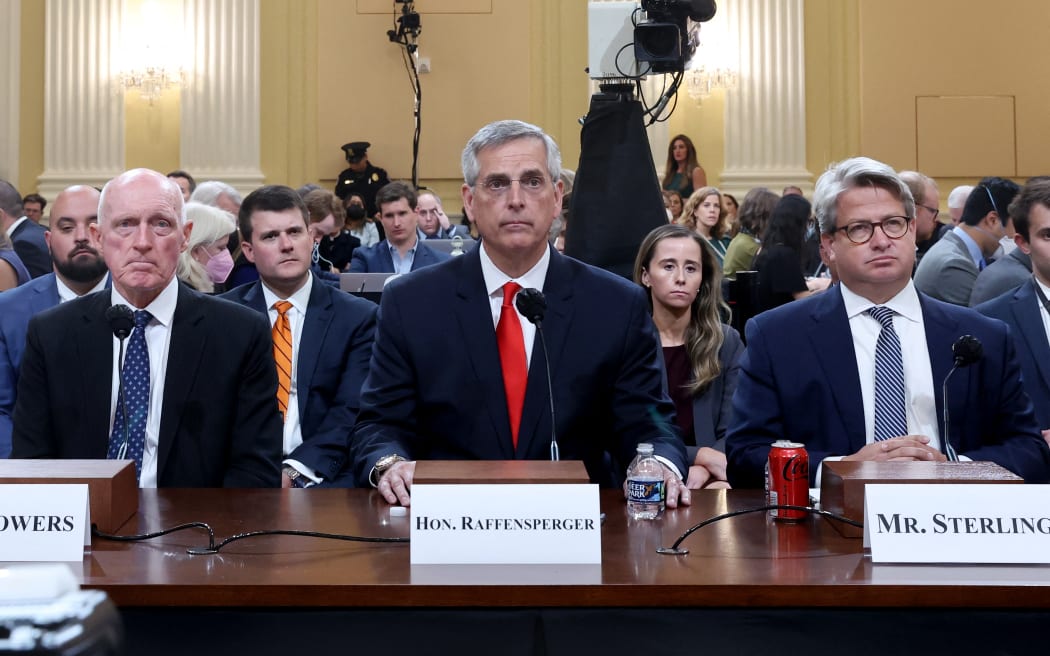 (Left to right) Rusty Bowers, Arizona House Speaker, Brad Raffensperger, Georgia Secretary of State and Gabriel Sterling, Georgia Secretary of State Chief Operating Officer, testify during the fourth hearing on the 6 January investigation in the Cannon House Office Building on 21 June, 2022 in Washington, DC.