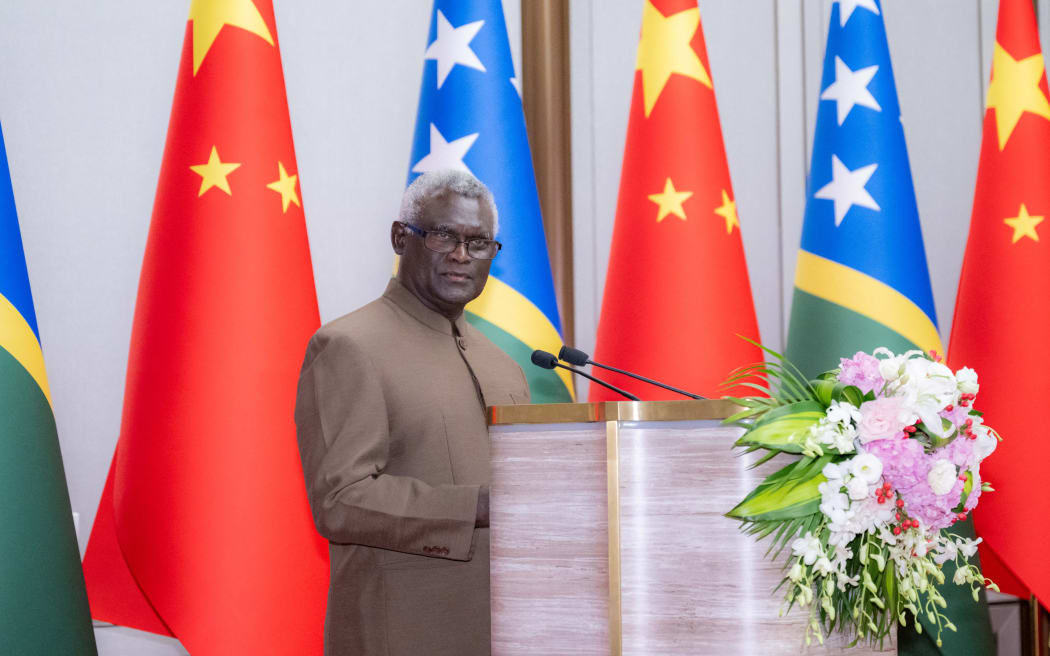 (230711) -- BEIJING, July 11, 2023 (Xinhua) -- Manasseh Sogavare, the prime minister of Solomon Islands, addresses the inauguration ceremony of Solomon Islands embassy in Beijing, capital of China, July 11, 2023. Sogavare and Wang Yi, a member of the Political Bureau of the Communist Party of China (CPC) Central Committee and director of the Office of the Foreign Affairs Commission of the CPC Central Committee, jointly unveiled the nameplate of the embassy. (Xinhua/Zhai Jianlan) (Photo by Zhai Jianlan / XINHUA / Xinhua via AFP)