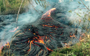 This image provided by the US Geological Survey (USGS) shows a breakout of ropey pāhoehoe lava from the volcano in Pahoa, Hawaii, upslope of Apaʻa Street burning vegetation near the Pāhoa transfer station.