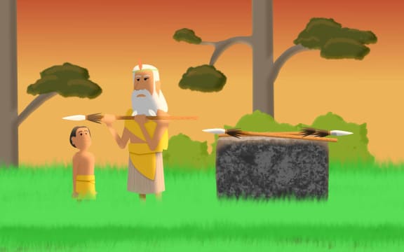 Old man hold spear and young boy looks on.