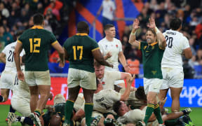 Faf de Klerk celebrates after South Africa won the 2023 Rugby World Cup semi-final match against England at the Stade de France in Saint-Denis.