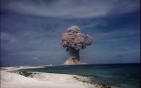 Screenshot of declassified footage of nuclear testing during the Cold War.