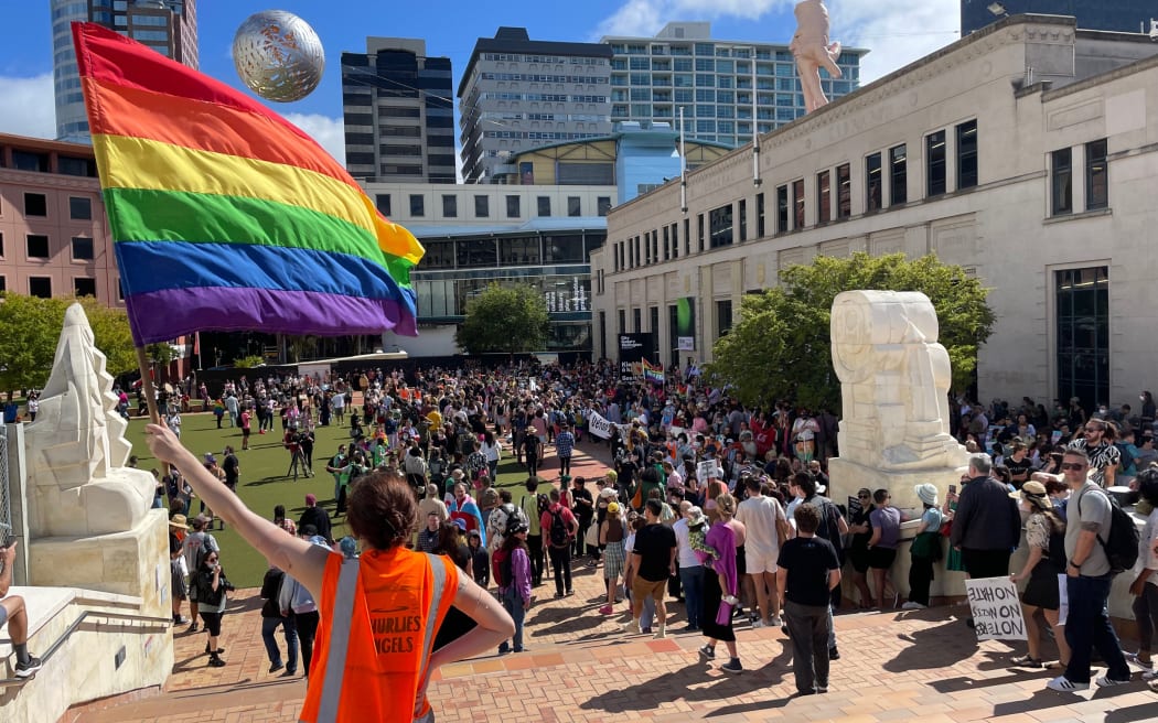 Supporters of the transgender community gather in Civic Square in Wellington.
