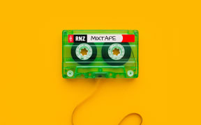 Top view of audio cassette with tangled tape. Label reads RNZ MIXTAPE