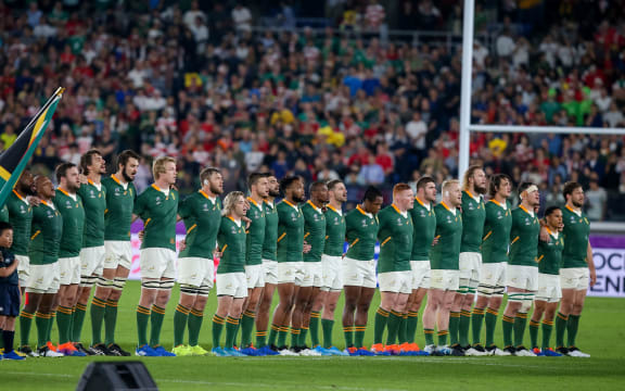 Springboks sing the South African national anthem during the 2019 Rugby World Cup.