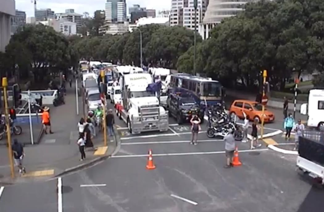 Vehicles in the protest convoy protesting Covid-19 vaccine mandates near Parliament.