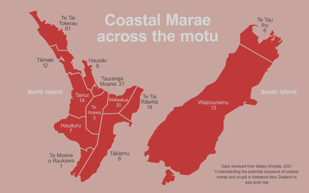 Map of Aotearoa indicating locations of 191 coastal marae