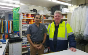 The owner of Pacific Fashions, Vinod Kumar with Māngere Town Centre manager David Fearon.