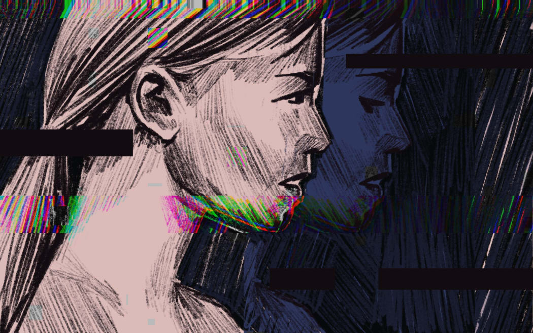 Illustration of a confident female profile with computer glitches.