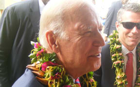 United States vice president Joe Biden meets a crowd that gathered during his 90-minute visit to American Samoa.