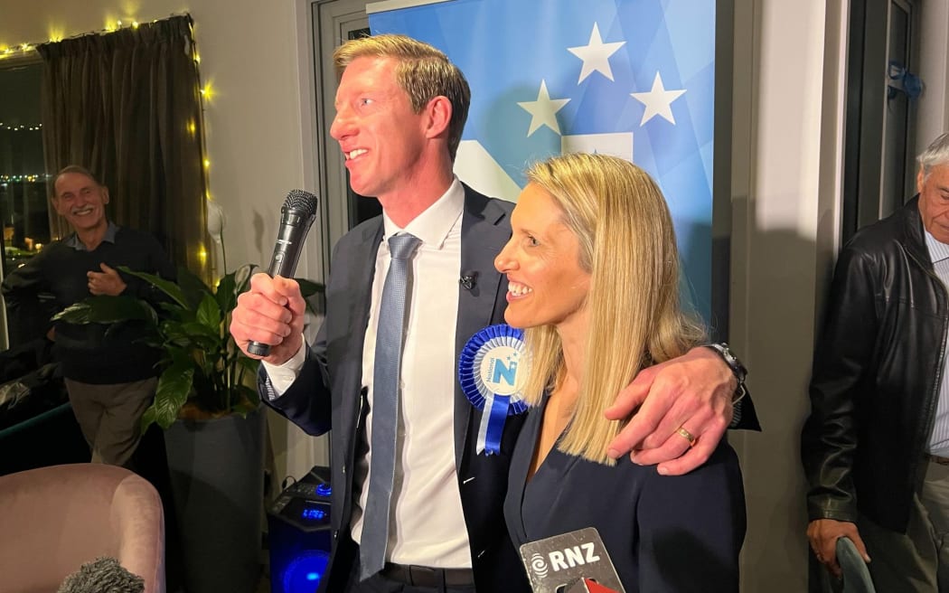 National's new MP Sam Uffindell with his wife Julia after winning the Tauranga byelection.