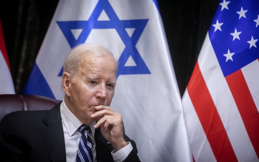 US President Joe Biden at the start of the Israeli war cabinet meeting, in Tel Aviv on October 18, 2023, amid the ongoing battles between Israel and the Palestinian group Hamas. US President Joe Biden landed in Tel Aviv on October 18, 2023 as Middle East anger flared after hundreds were killed when a rocket struck a hospital in war-torn Gaza, with Israel and the Palestinians quick to trade blame. (Photo by Miriam Alster / AFP)