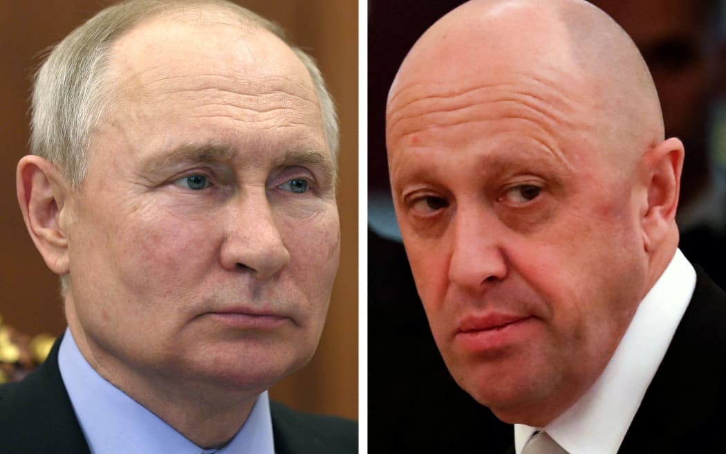 This combination of photos shows Russian President Vladimir Putin (L) attending a meeting with a member of the Russian Academy of Sciences, specialist in applied and fundamental endocrinology Ivan Dedov, at the Kremlin in Moscow on June 23, 2023