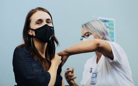 Prime Minister Jacinda Ardern receiving her booster dose of the Covid-19 vaccine.