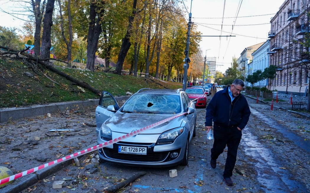 A view of the scene after several explosions rocked the Shevchenkivskyi district of the Ukrainian capital, Kyiv on 10 October  2022.