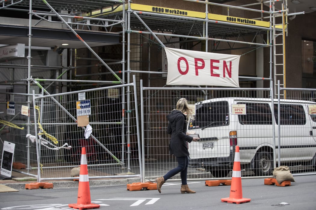 The cordon around quake-damaged buildings on Featherston Street in central Wellington.