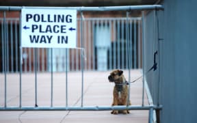 A dog waits outside a polling station in Glasgow, Scotland.