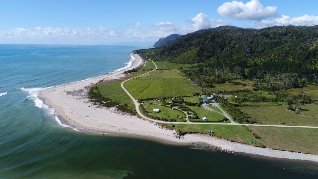 An aerial view of Gentle Annie Seaside Accommodation and Camping Ground near Westport.