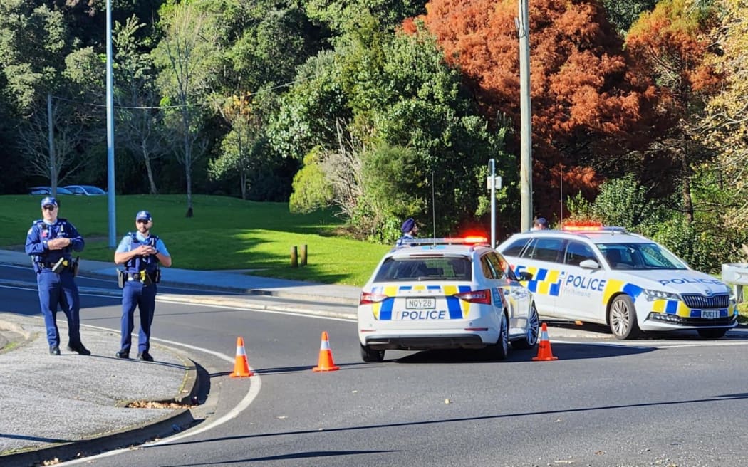 Police block the way to Hillcrest cemetery between Ōhope and Whakatāne.