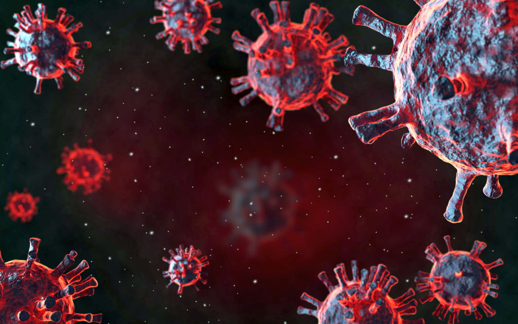 Enfermedad de coronavirus Brote de COVID-19 Vista microscópica de un virus infeccioso Célula de virus rojo Representación 3D