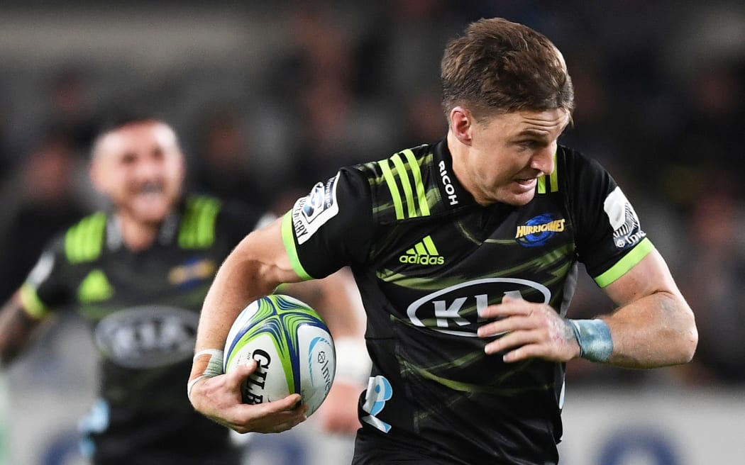 Beauden Barrett scoots for the tryline after an intercept against the Blues.