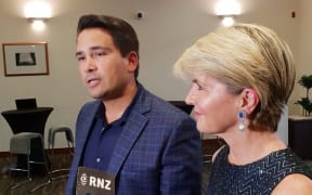 National leader Simon Bridges with Australia's former foreign minister Julie Bishop at the party's caucus retreat in Hamilton.