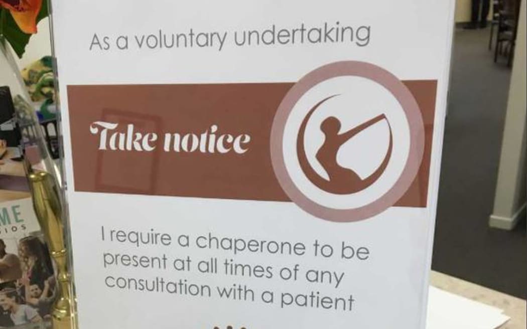 A sign in the reception of Dr Naylin Appanna's Women's Health Centre in 2019 showed a chaperone was required for all patient consultations.