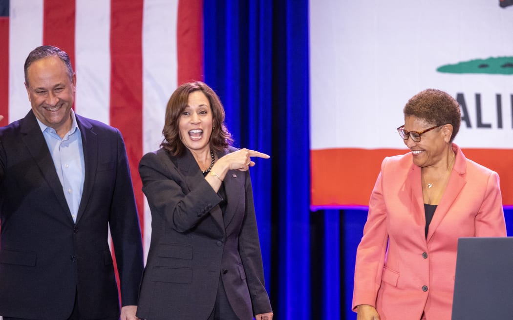 Second gentleman of the United States Douglas Emhoff, Vice President Kamala Harris, and Los Angeles mayoral candidate Congressmember Karen Bass campaign at a Get Out The Vote event on the campus of UCLA on the eve of Election Day on November 7, 2022 in Los Angeles, California.