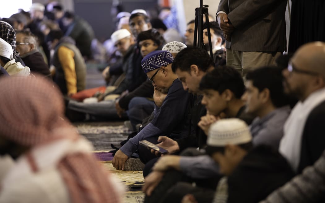 Mulsims pray at Eid celebrations inside Sky Stadium