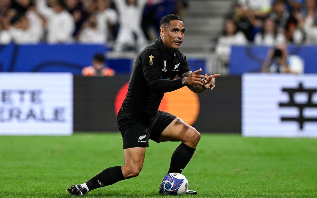 Aaron Smith celebrates one of his first half tries against Italy in their Rugby World Cup clash at Lyon.