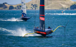 Luna Rossa and American Magic in the opening race of the America's Cup Challenger Selection Series semi-finals.