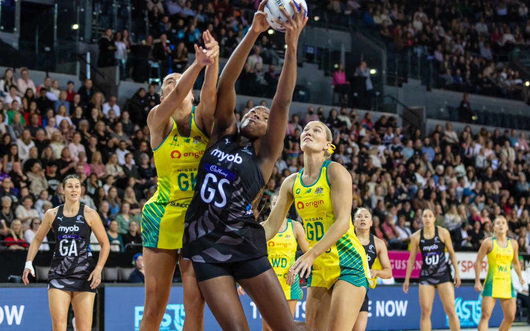 Grace Nweke of New Zealand during the Constellation Cup netball series - game one between the New Zealand Silver Ferns and the Australian Diamonds at Spark Arena in Auckland, New Zealand on Wednesday October 12, 2022. Copyright photo: Aaron Gillions / www.photosport.nz