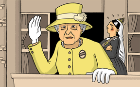 Queen Elizabeth II waves from a balcony - with her great-great grandmother, Victoria, frowning behind her.