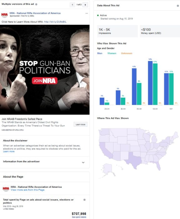 An example of the data Facebook's Ad Library Report shows about advocacy groups online adverts.