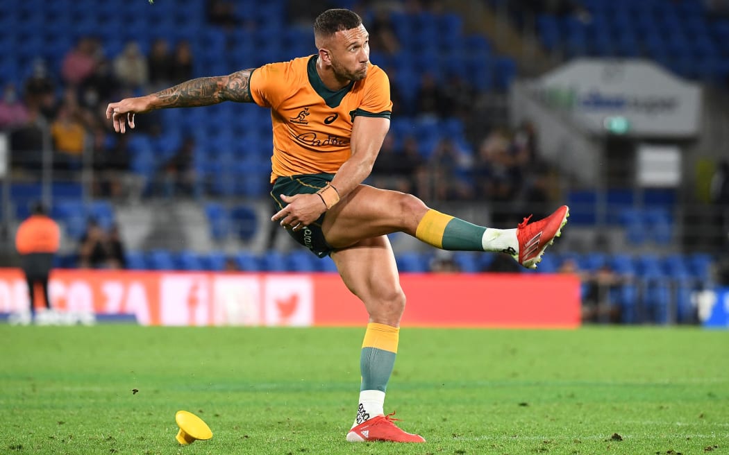 Wallabies player Quade Cooper looks on after kicking a penalty on full time to give the Wallabies victory during the Rugby Championship Round 3 match between Australia Wallabies and South Africa Springboks at CBus Stadium on the Gold Coast, Sunday, September 12, 2021.
