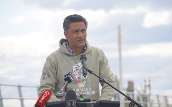 Ngāti Kahungunu chair Bayden Barber speaking at the re-opening of the Napier to Hastings rail line after it was closed earlier in 2023 due to Cyclone Gabrielle.